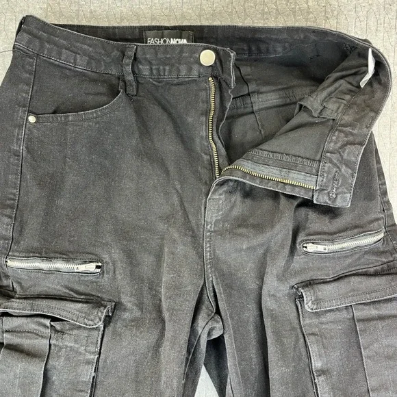 Black baggy wide leg cargo utility‎ jeans Women 15/30X33 high rise hip-hop - Picture 11 of 11